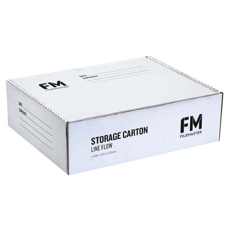 FM Lineflow Storage Box in white, 400x330x126mm, designed for organizing and protecting computer printouts and documents.