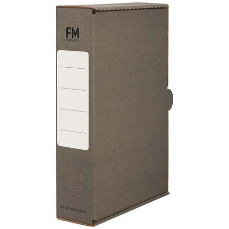 Grey foolscap storage carton made of sturdy corrugated cardboard, featuring a writing panel and finger hole for easy access.