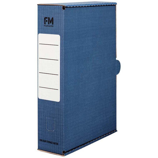 Blue FM Storage Carton made of durable cardboard, ideal for organizing foolscap documents with a label panel and finger hole.