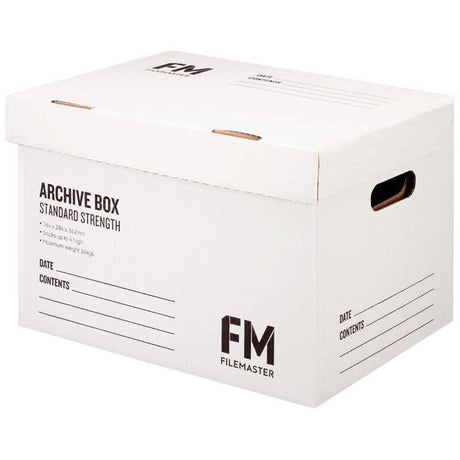 FM Box Archive in white, durable cardboard, perfect for organizing files, holds up to 16kg, and stacks up to four high.