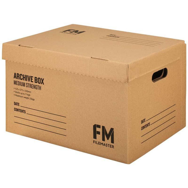 Durable kraft cardboard box for archiving, measures 425x275x330mm, max load 25kg, fits 5 A4 files or 3 foolscap cartons.