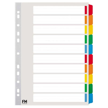 FM Indices A4 dividers with 10 reinforced colour tabs for durable document organization at home or office.