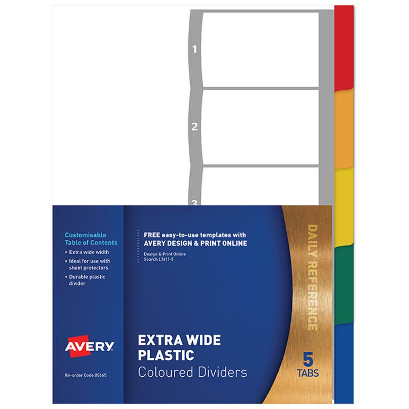 Avery A4 Dividers with 5 customizable tabs in vibrant colors for enhanced document organization and extra width for sheet protectors.