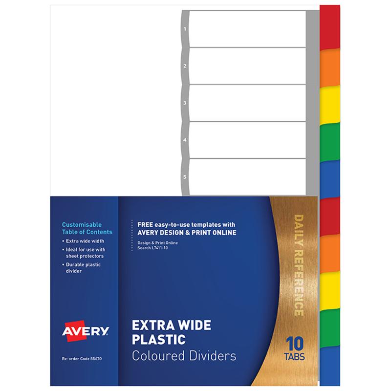 Avery A4 dividers with 10 colored tabs, designed for enhanced document organization and easy access with sheet protectors.