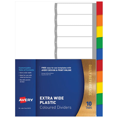 Avery A4 dividers with 10 colored tabs, designed for enhanced document organization and easy access with sheet protectors.