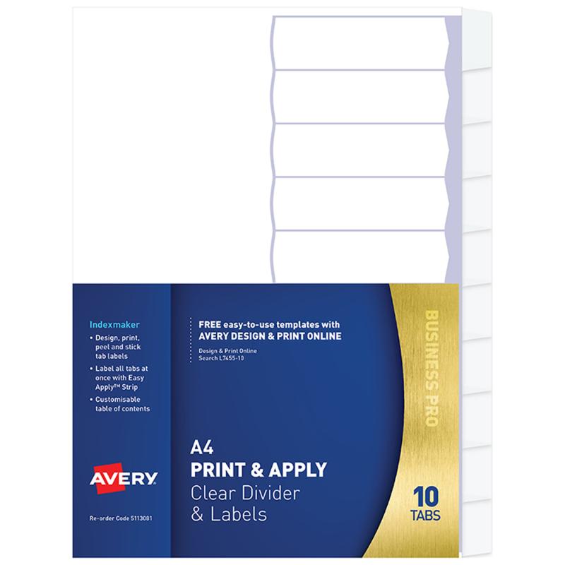 Avery Indexmaker A4 10 Tab Clear labels for easy document organization with translucent tabs and user-friendly design software.