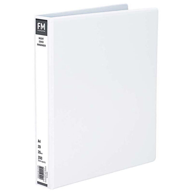 A4 white FM binder with 26mm ring, holds 200 sheets, durable polypropylene cover for organized document storage.