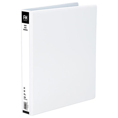 FM Binder Overlay A4 3/26 in white, designed to hold 200 sheets with a durable polypropylene cover for stylish document organization.