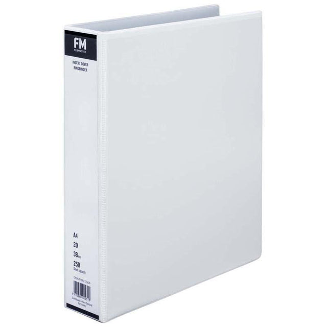 A4 white binder with a customizable overlay, 38mm rings, holds up to 250 sheets for versatile document organization.