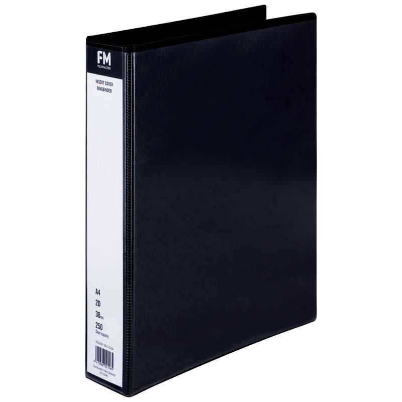 Durable black A4 binder with customizable overlay cover, holds 250 sheets and features a 38mm ring mechanism for easy access.