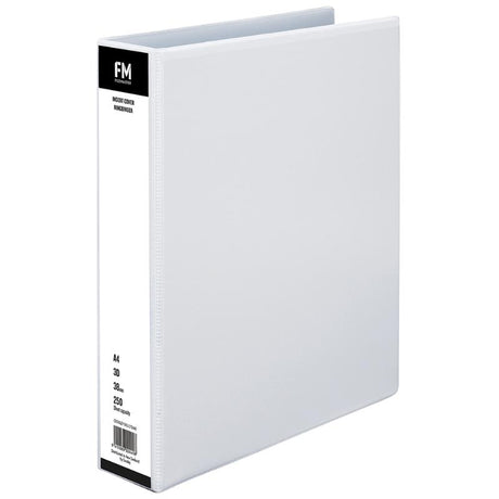 FM Binder Overlay A4 in white with 38mm rings, holds up to 250 sheets for professional document storage.