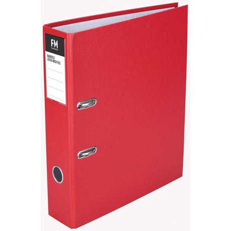 Red FM Binder Radofile Foolscap Lever Arch made from durable polypropylene, holds 375 sheets, features a front cover labeling system.