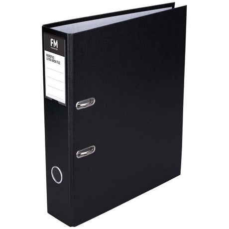 Black foolscap lever arch binder with polypropylene material, holds 375 sheets, features secure Rado fitting for easy labeling.