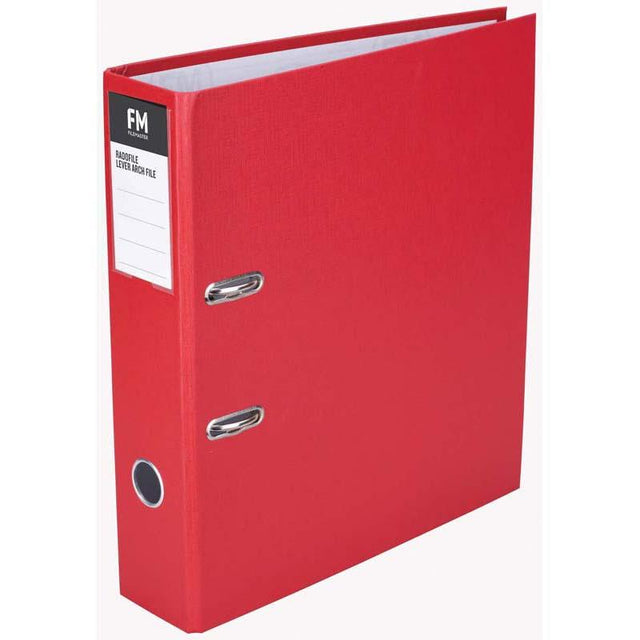 Red A4 lever arch file with durable polypropylene, holds 375 sheets, featuring easy-label Rado fitting for organized document storage.