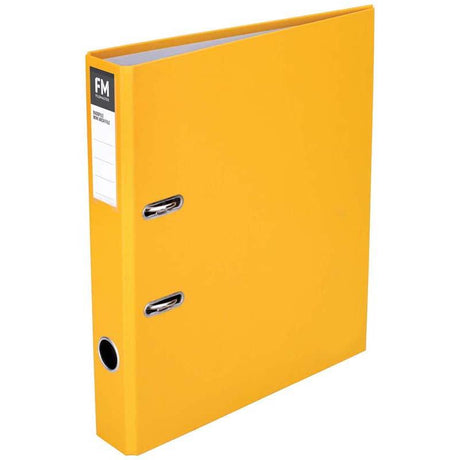 Bright yellow A4 lever arch binder with Rado fitting, holds up to 250 sheets, made of durable polypropylene for effective organization.