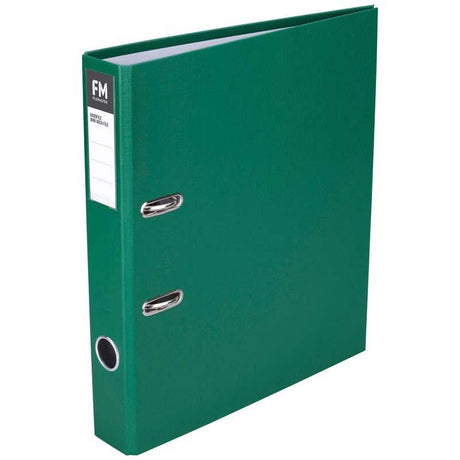 Green A4 lever arch binder with Rado fitting, holds up to 250 sheets, made from laminated polypropylene for durability.