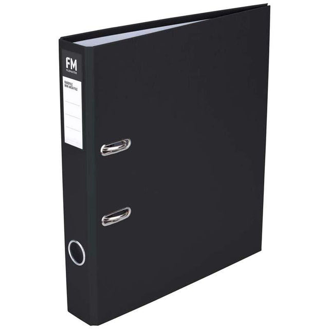 FM Binder Radofile Mini Black A4 Lever Arch, durable, water-resistant, holds 250 sheets, features Rado fitting for easy access.