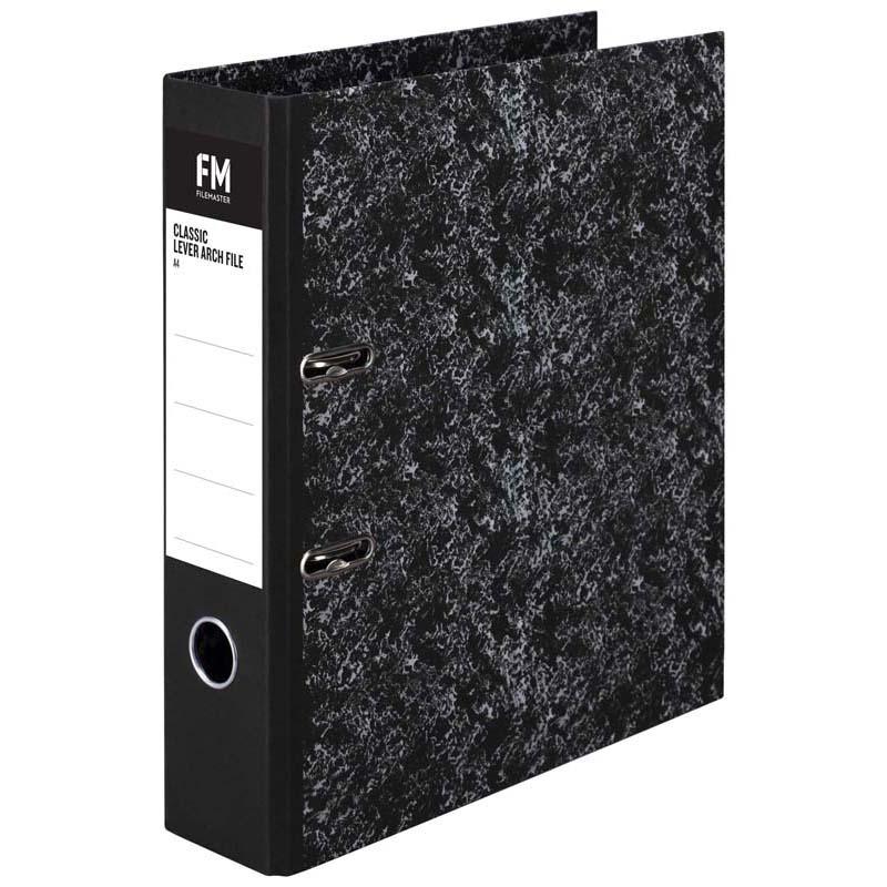 Black lever arch file for A4 documents, holds 375 sheets, featuring Rado fitting for easy labeling and stylish organization.