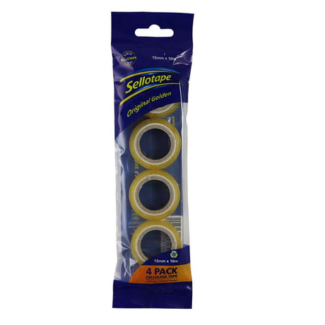 Eco-friendly Sellotape 4-pack, 15mm x 10m rolls, easy tear, tangle-free, perfect for crafts and packaging.