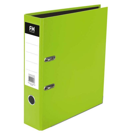 Vivid lime green A4 lever arch binder with glossy finish, holds up to 375 sheets, ideal for stylish document organization.