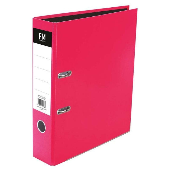 Vivid shocking pink A4 lever arch binder with glossy finish, holds up to 375 sheets, ideal for organizing documents stylishly.