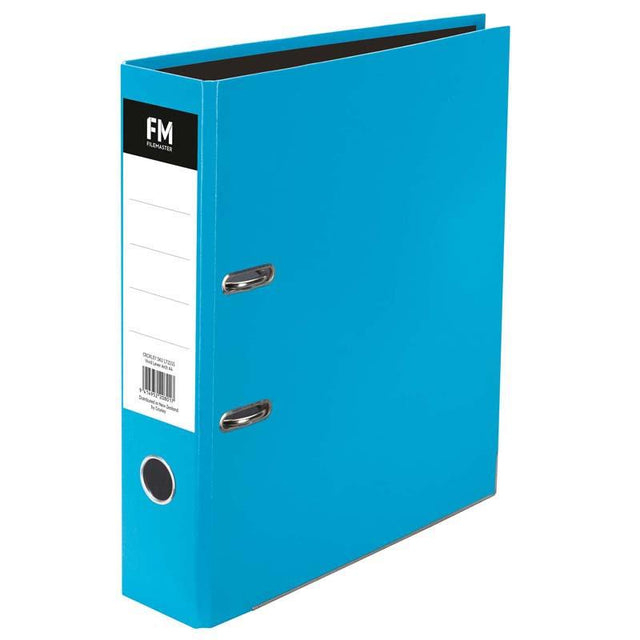 A vibrant ice blue A4 lever arch binder with a glossy finish, designed for stylish document organization up to 375 sheets.