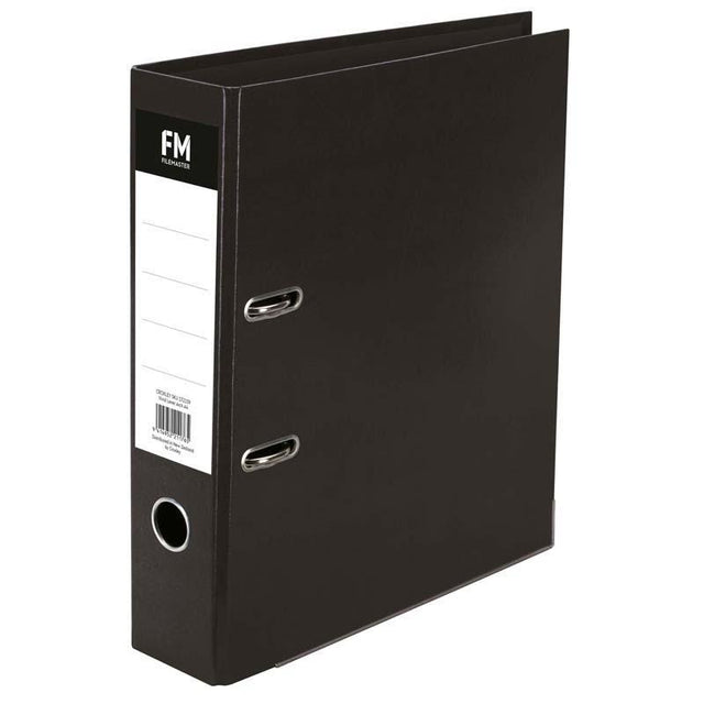 Sleek FM Binder Vivid Cat Black A4 Lever Arch file with glossy cover, holds 375 sheets, ideal for organized storage.