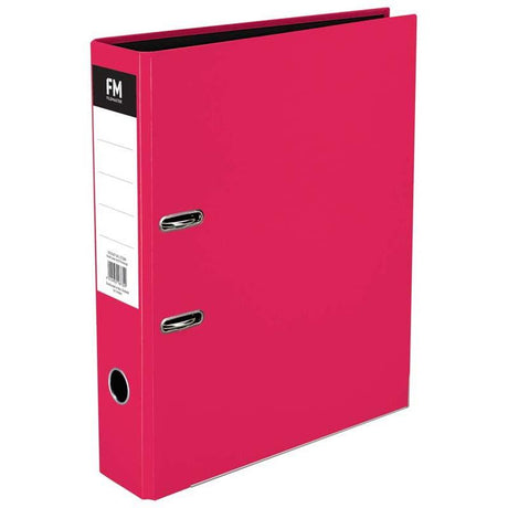 Vivid shocking pink lever arch binder with glossy laminated cover, holds 375 sheets, ideal for stylish organization.