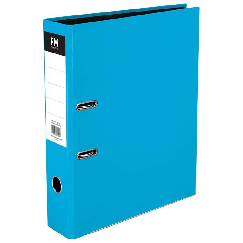 FM Binder in vivid ice blue with a glossy laminated cover, lever arch mechanism for 375 sheets, perfect for organization.