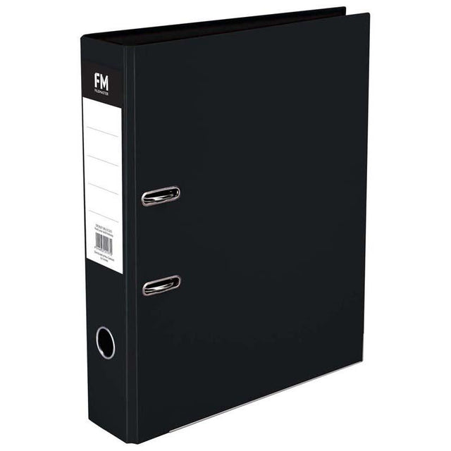 FM Binder in Cat Black with glossy laminated cover, holds 375 sheets, features Rado fitting and metal guard rail for organization.