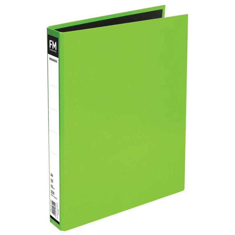 Vivid lime green A4 ringbinder with gloss finish, black lining, holds 200 sheets, perfect for stylish organization.