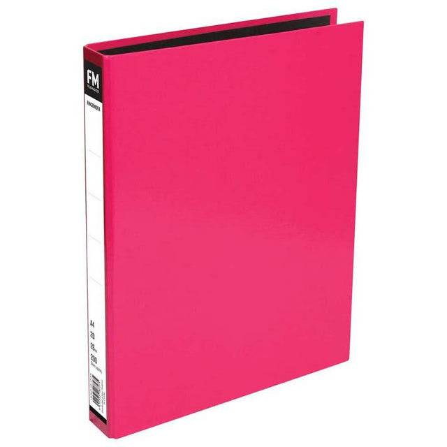 Bright shocking pink A4 ring binder with glossy finish, holds 200 sheets, contrasting black lining for stylish organization.