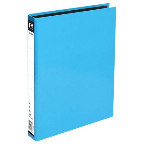 A stylish A4 ring binder in Vivid Ice Blue with glossy finish, black lining, holding up to 200 sheets, perfect for organization.