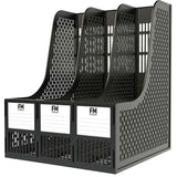 FM Magazine Holder in black plastic with three grids, perfect for organizing documents and magazines on any desk or shelf.
