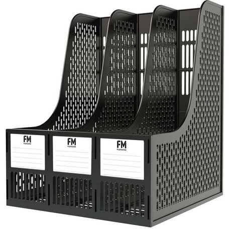 FM Magazine Holder in black plastic with three grids, perfect for organizing documents and magazines on any desk or shelf.