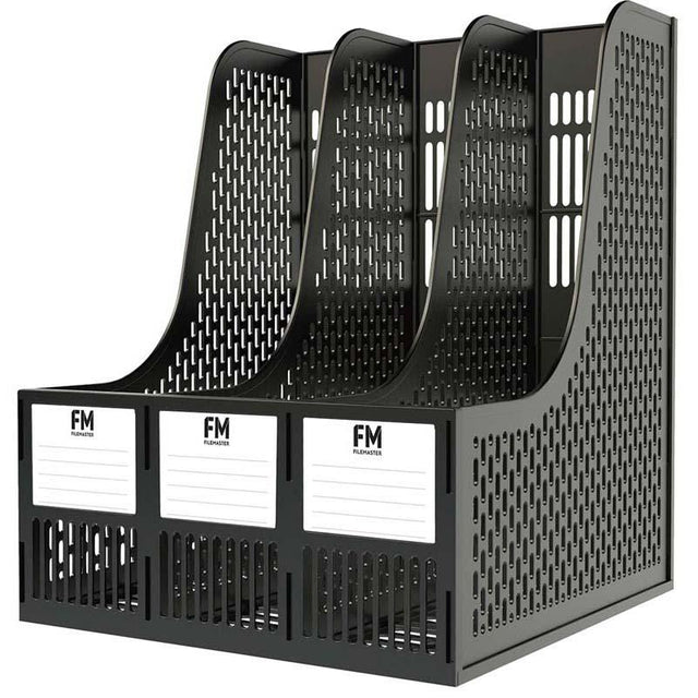 FM Magazine Holder in black plastic with three grids, perfect for organizing documents and magazines on any desk or shelf.