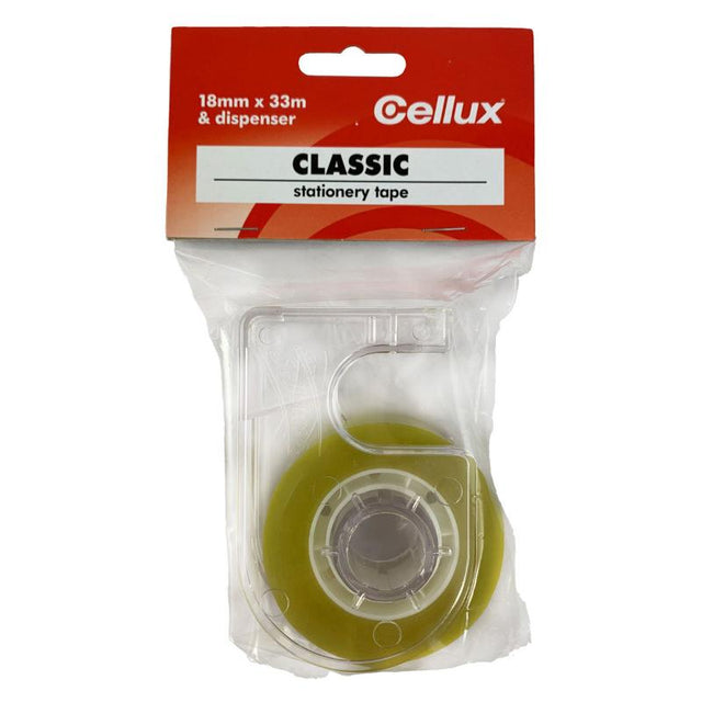 Cellux Classic Tape 18mmx33m in a dispenser, strong adhesive for crafting, gift wrapping, and sealing boxes.