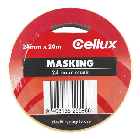 Cellux Masking Tape 24mm x 20m, ideal for painting and crafts, offers clean lines and residue-free removal for various surfaces.