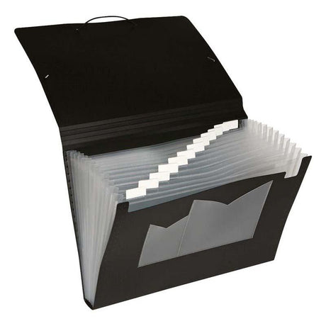 Eco-friendly FM File Expanding A4 with 13 pockets, black, made from 100% recycled material for sustainable document organization.