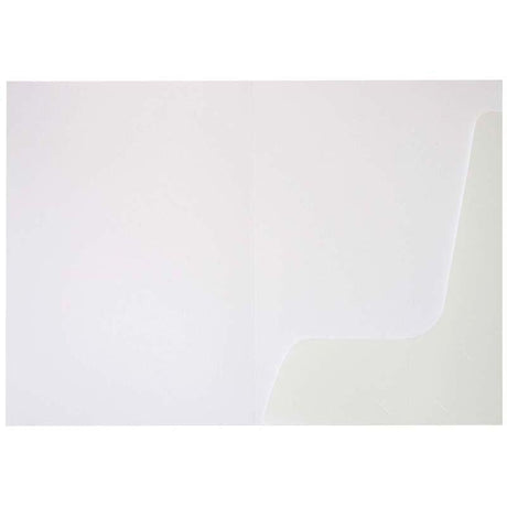 Gloss white A4 presentation folder with a single pocket and business card slits, packaged in a set of 50 for professional use.