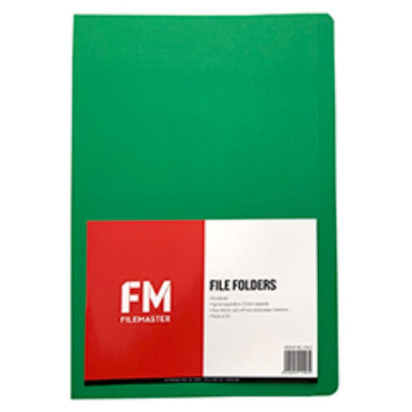 Green foolscap file folders, 50 pack, durable cardboard, easy access with short panel and fastener slots for organization.