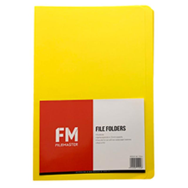 Vibrant yellow FM file folders in a 50-pack, foolscap size, designed for easy document organization and access.