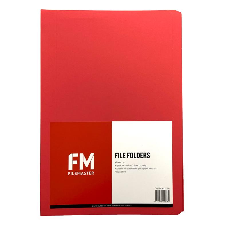 Vibrant red 50-pack Foolscap file folders with short front panel and fastener slits for easy document organization.