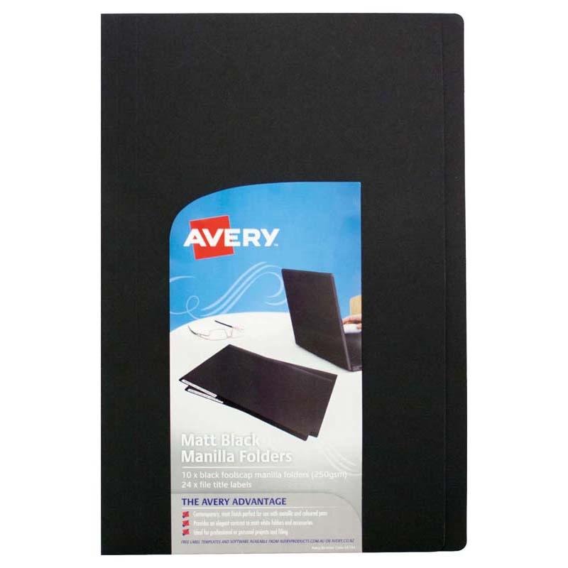 Pack of 10 sturdy black 250gsm file folders with a matte finish, designed for efficient document organization and labeling.