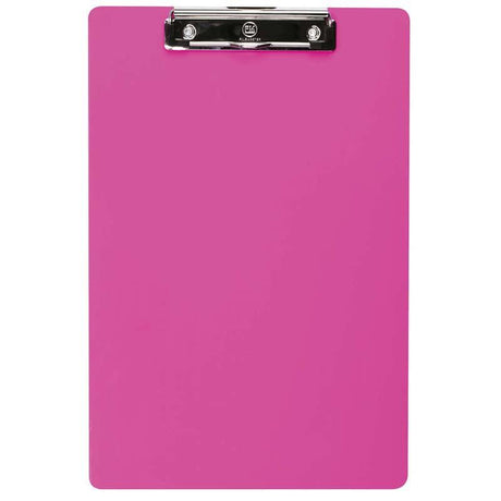 Neon pink transparent clipboard made of durable plastic, perfect for students and professionals, wall-mountable for easy access.