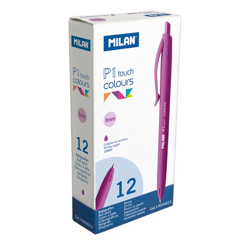 Milan P1 Touch Colours Ballpoint Pen in vibrant purple, featuring a stylish matching barrel and smooth 1 mm writing tip.