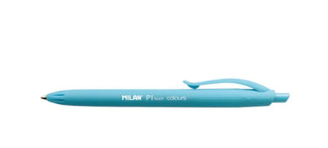 Light blue Milan P1 Touch Colours Ballpoint Pen, featuring a matching barrel, 1 mm tip, and 1200 meters of smooth writing.