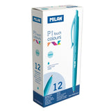 Light blue Milan P1 Touch ballpoint pen with 1 mm tip, designed for smooth writing and stylish note-taking.