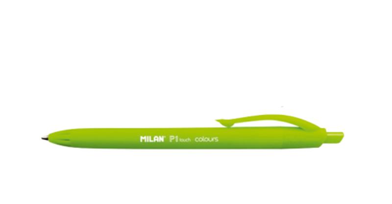 Light green Milan P1 Touch Colours Ballpoint Pen featuring a matching barrel, smooth 1 mm tip, and 1200 meters of writing length.