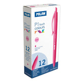 Vibrant pink Milan P1 Touch ballpoint pen with matching barrel and 1 mm tip, ideal for stylish and smooth writing.